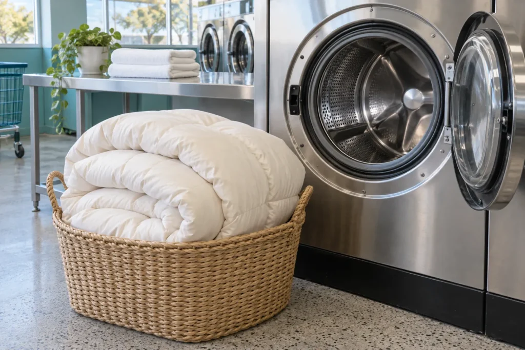 Illustration of a folded doona and laundry basket beside a commercial washer