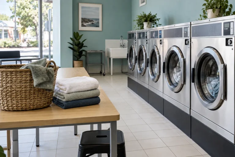 Illustration of front-loading washing machines and folding space in a laundromat